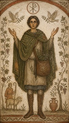 full-body original character: a wandering botanist with a satchel of plants, a patched green cloak, tall boots and round glasses, neutral background