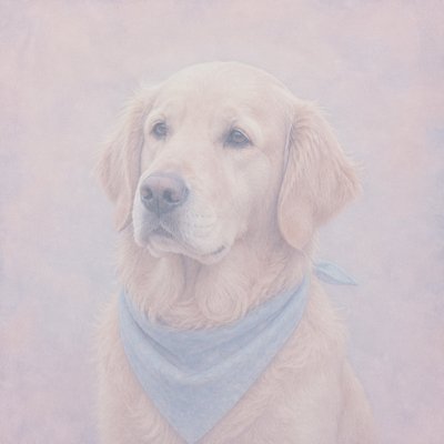 portrait of a golden retriever wearing a blue bandana, warm plain backdrop, no text