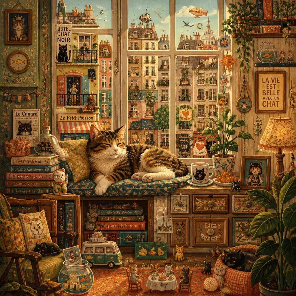a cat lounging in a sunlit window — Maximal Variety Art Style