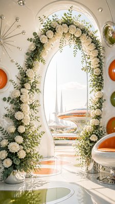 an arch of white roses and eucalyptus in soft morning light, elegant vertical composition with open space, no text