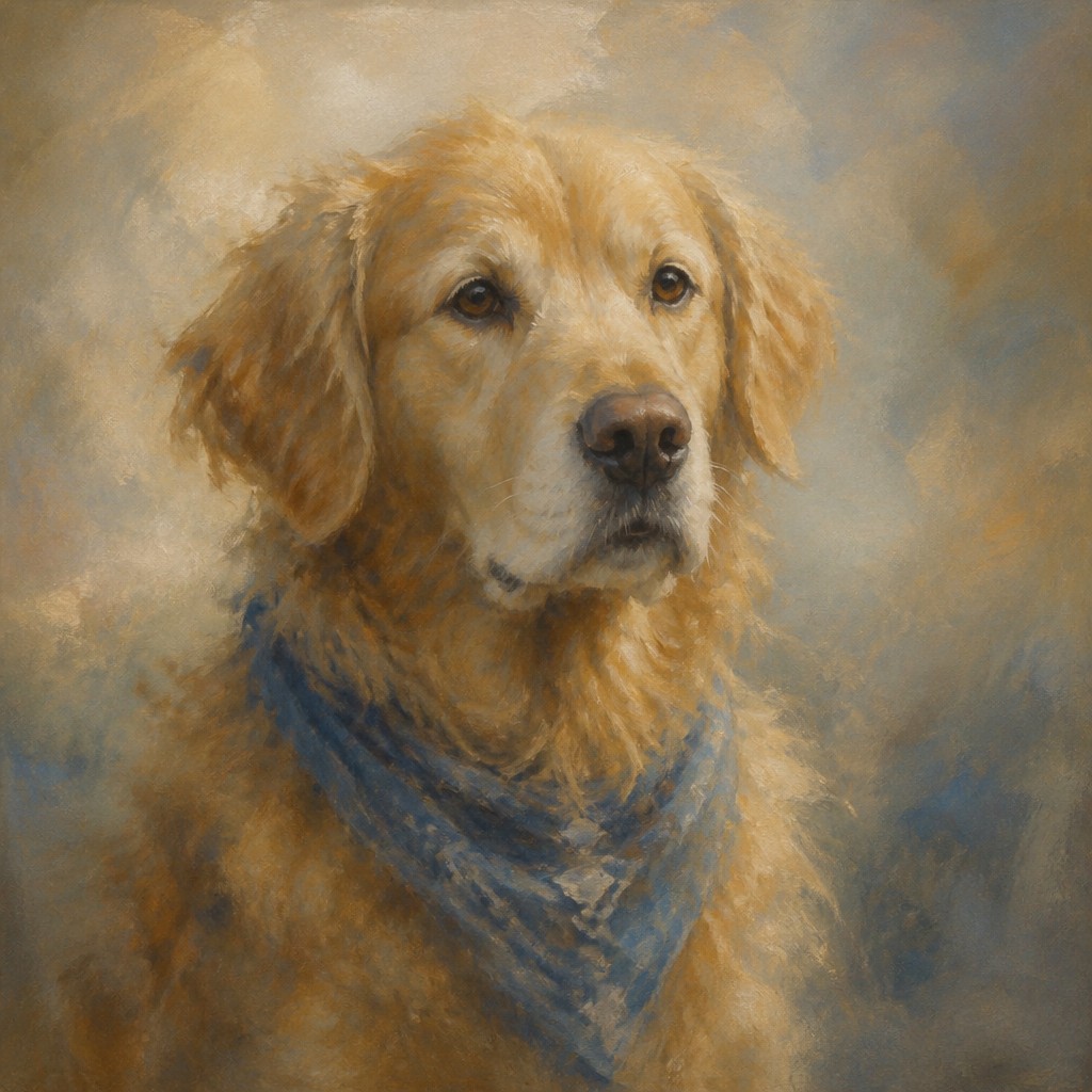 portrait of a golden retriever wearing a blue bandana, warm plain backdrop, no text