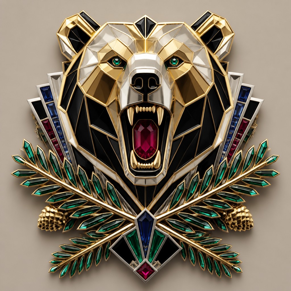 a roaring bear head above crossed pine branches, bold graphic composition on a plain background, no text