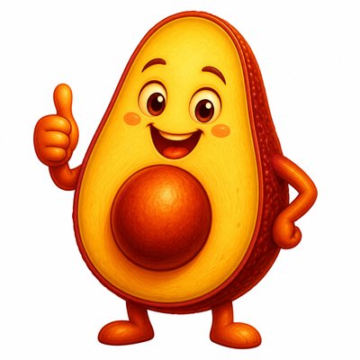 a happy avocado character giving a thumbs up, bold readable design on a plain background, no text