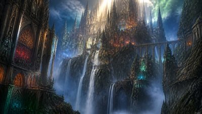 a cliffside city with waterfalls cascading into a misty canyon, wide establishing shot, no people, no text