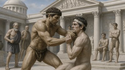 a painting of two men fighting in front of a building