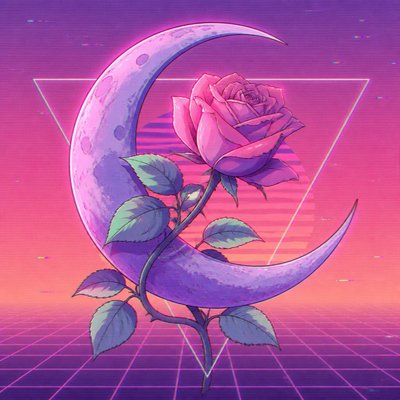 a rose entwined with a crescent moon, clean balanced composition on a plain background, no text