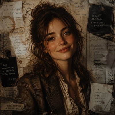 head-and-shoulders portrait of an original character: a young woman with wavy chestnut hair and a warm smile, plain soft backdrop