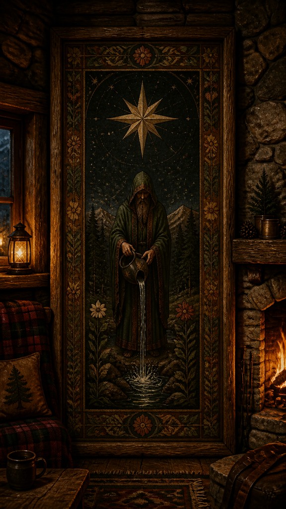 a robed figure pouring water beneath a large eight-pointed star in a night sky, symmetrical composition with an ornate decorative border, no text