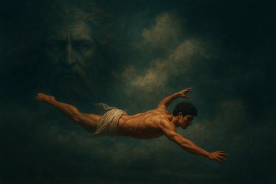 a painting of a man floating in the air
