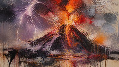 an erupting volcano with lightning strikes, dramatic wide composition, no text