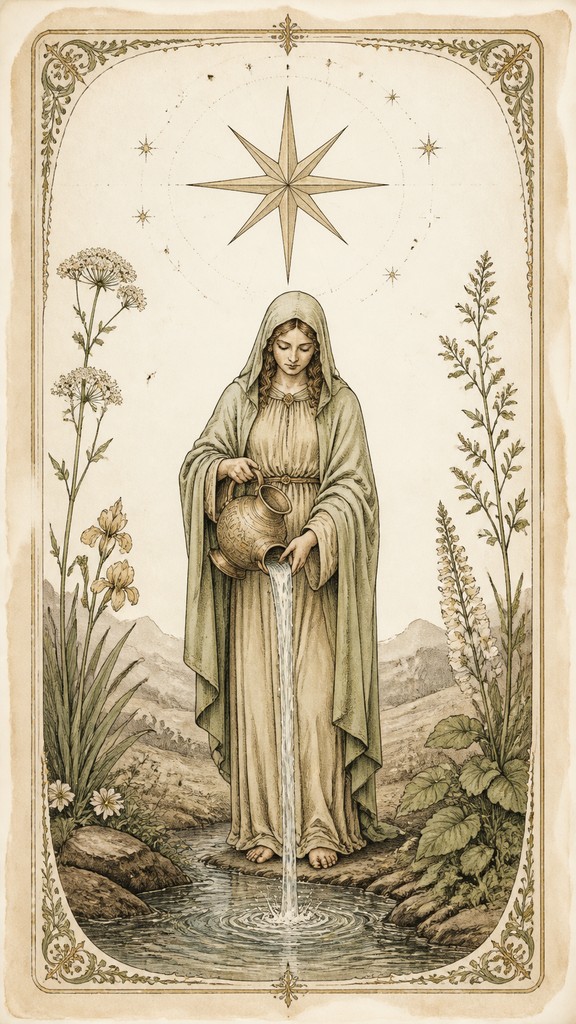 a robed figure pouring water beneath a large eight-pointed star in a night sky, symmetrical composition with an ornate decorative border, no text