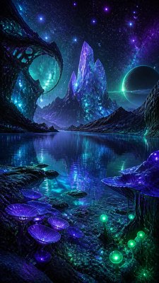a tranquil mountain lake beneath a starry night sky, no people, no text