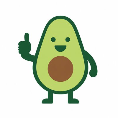 a happy avocado character giving a thumbs up, bold readable design on a plain background, no text