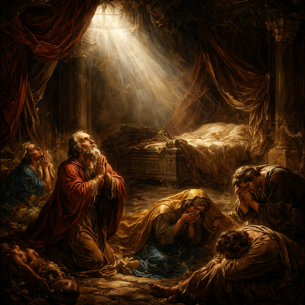 A dramatic Baroque oil painting in the style of Caravaggio. A grand, ornate ancient chamber with heavy velvet drapery. Figures in modest, long flowing robes of the 1st century are shown in a state of deep remorse and distress. A large, carved wooden bed sits in the shadows, symbolizing judgment. Beams of divine, piercing light break through a dark, stormy sky through a high window. High contrast, emotional, biblical epic, masterpiece.