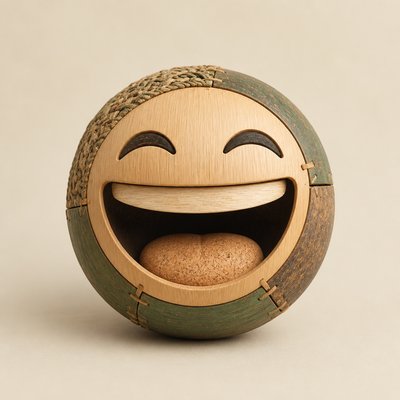 an exaggerated laughing face of an original round mascot character, bold and readable at small size, plain background, no text