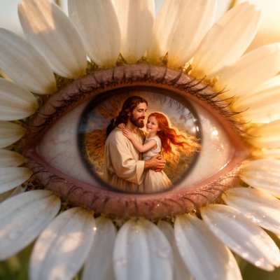 A close up of an eye. Around the eye are daisy petals - as if the eye is the center of the daisy. In the pupil a picture of Jesus swinging a little girl with long red hair, her arms around His neck, close-up view, macro perspective, joyful mood, golden hour color palette, god rays lighting, framing composition, masterpiece, best quality, ultra detailed, sharp focus, highly detailed