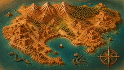 a map of an island realm with mountains, forests, a sheltered bay, sea monsters in the water and a compass rose, no text labels