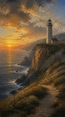 a lone lighthouse on a cliff at dusk under a dramatic sky, no text or lettering