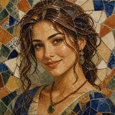 head-and-shoulders portrait of an original character: a young woman with wavy chestnut hair and a warm smile, plain soft backdrop