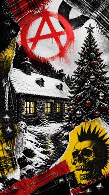 a snow-covered cottage with warm glowing windows beside a decorated pine tree, gentle snowfall, no text