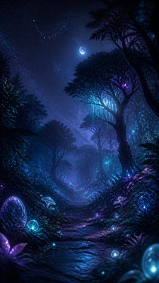 a mysterious forest path with fireflies and drifting mist, atmospheric vertical composition with open space at the top, no text