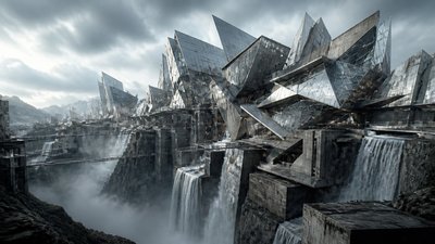 a cliffside city with waterfalls cascading into a misty canyon, wide establishing shot, no people, no text