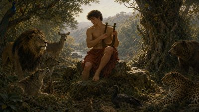 illustration for the ignudi musician Orpheus who played the lyre so divinely that wild animals of the forest, birds, and even trees gathered around him, completely charmed by the enchanting sweetness of his music