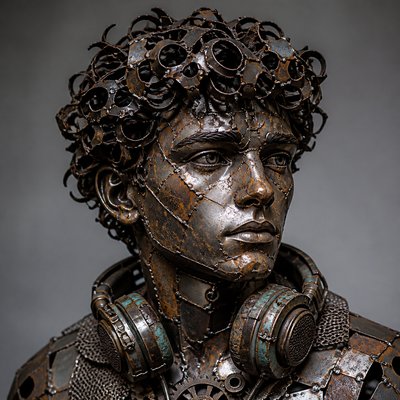 head-and-shoulders portrait of an original character: a young man with curly dark hair and headphones around his neck, plain backdrop, no text