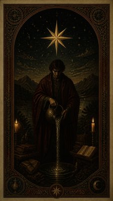 a robed figure pouring water beneath a large eight-pointed star in a night sky, symmetrical composition with an ornate decorative border, no text