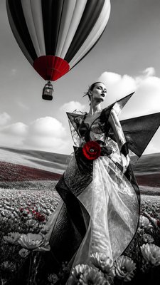 a hot air balloon drifting over rolling flower fields on a sunny day, cheerful, no text
