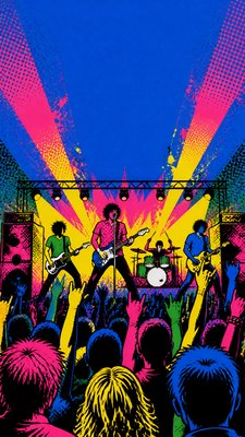 a live music scene with a glowing stage and silhouetted crowd, energetic vertical composition with open space at the top, no text