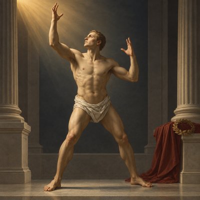 a painting of a man standing in front of a pillar
