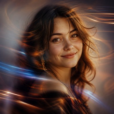 head-and-shoulders portrait of an original character: a young woman with wavy chestnut hair and a warm smile, plain soft backdrop