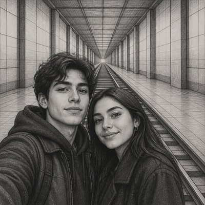portrait of two people together — One-Point Perspective Art Style