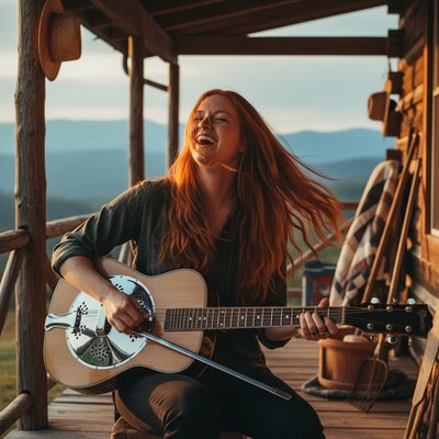 Cinematic Documentary Photography, Warm Analog Film Grain, Golden Hour Backlighting. A high-energy, joyful shot of a young Appalachian woman with a mane of long, fiery red hair playing a dobro resonator guitar on a weathered log cabin porch.

The Action & "Lively" Feel: She is seated with the guitar flat across her lap, caught in a moment of pure musical passion, her head tilted back in a laugh. Her long red hair is swirling around her face, catching the orange sunset light like glowing copper.

The Slide Detail: Her left hand is firmly gripping a heavy, polished chrome steel tone bar (slide), gliding it masterfully across the strings. The bar is a focal point, catching a brilliant glint of sunlight as it creates a soulful, sliding resonance. Her right hand is a blur of motion, using metal fingerpicks to pluck the strings near the bridge.

The Environment: The dobro's signature round metal resonator plate reflects the rustic porch and the sky. In the background, the hazy, rolling blue ridges of the Appalachian mountains stretch toward a soft, dusky horizon. The atmosphere is rustic, authentic, and vibrating with sound.