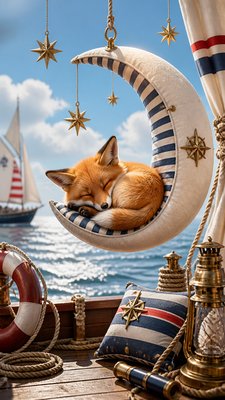 a sleeping baby fox curled on a crescent moon among soft stars, gentle and warm, no text
