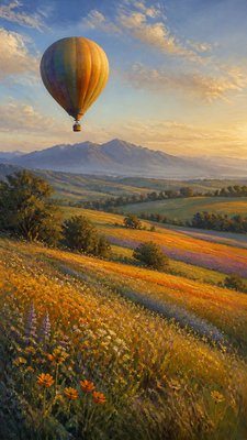 a hot air balloon drifting over rolling flower fields on a sunny day, cheerful, no text
