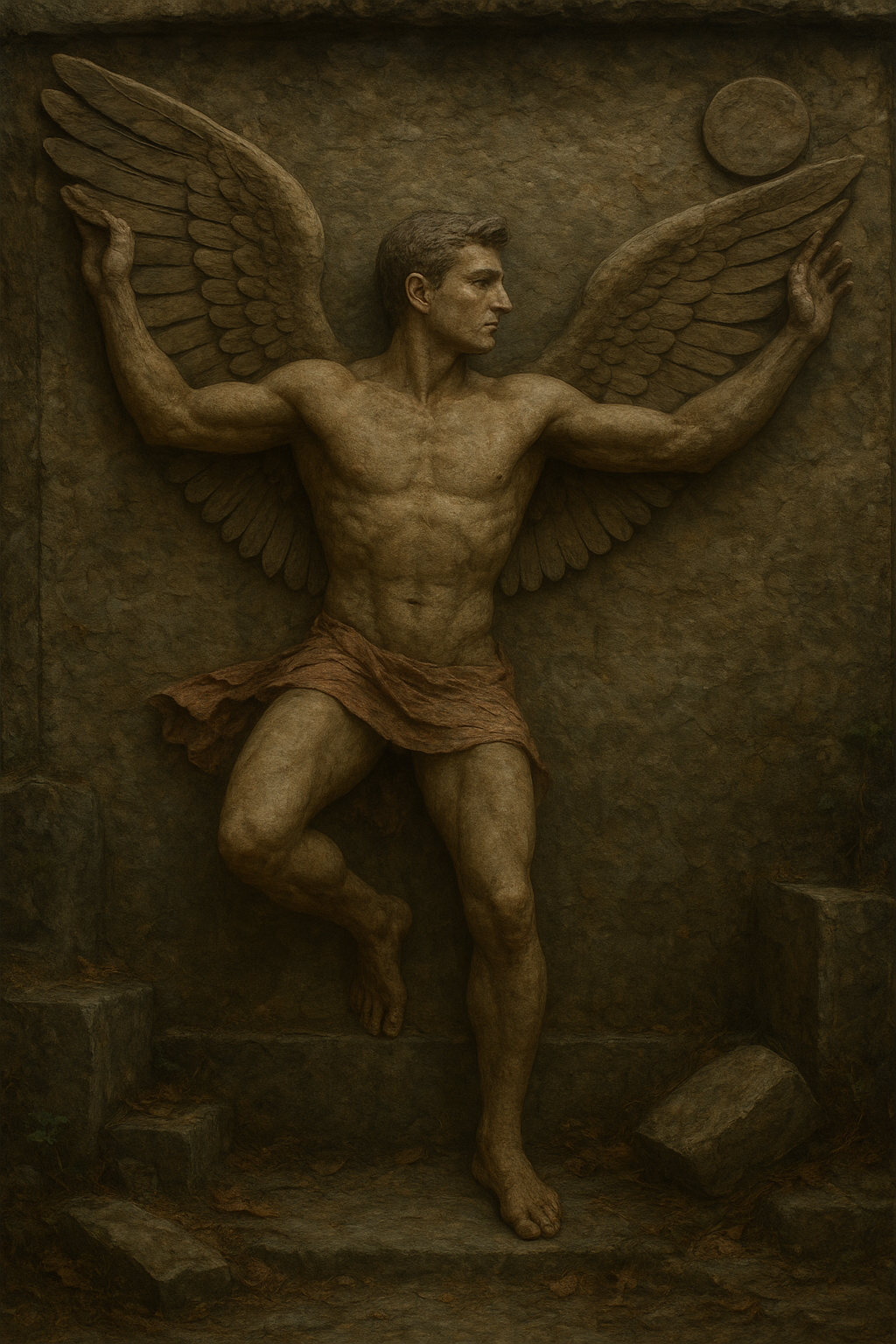 a painting of a man with wings on a wall