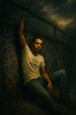 a man sitting against a wall with his hand up