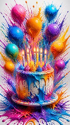 a birthday cake with lit candles surrounded by balloons and confetti, festive vertical composition, no text