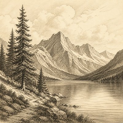 wide landscape with natural scenery — Hatching Drawing Style