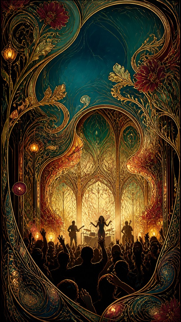 a live music scene with a glowing stage and silhouetted crowd, energetic vertical composition with open space at the top, no text