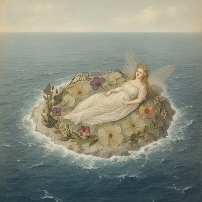 An island in a wide sea viewed from above, contains a goddess spirit, she is reclining, looking relaxed. Leafy island no flowers
