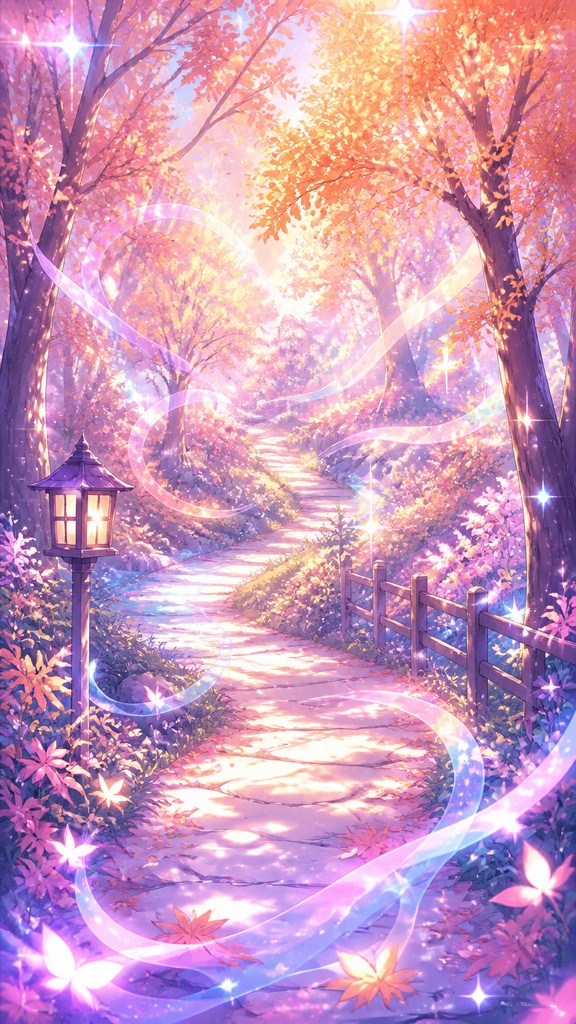 a winding forest path in golden autumn light, no people
