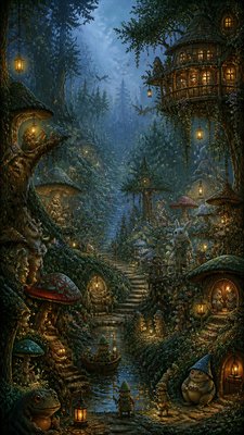 a mysterious forest path with fireflies and drifting mist, atmospheric vertical composition with open space at the top, no text