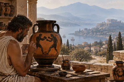 ancient greek vase painter with two boxers