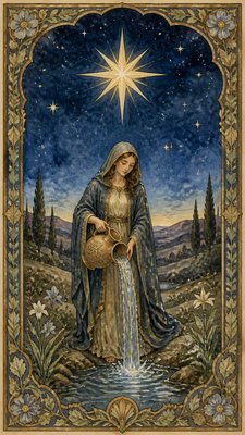 a robed figure pouring water beneath a large eight-pointed star in a night sky, symmetrical composition with an ornate decorative border, no text