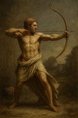 a painting of a man with a bow and arrow