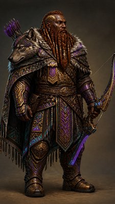 full-body original character: a dwarven ranger with a braided auburn beard, worn leather armor, a longbow and a wolf-pelt cloak, neutral background, no text