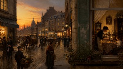 bustling city street panorama at dusk